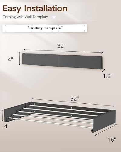 Miniatura 6 de Vikaqi Clothes Drying Rack Wall Mounted, 31" Drying Rack Clothing Retractable, Laundry Drying Rack Space Saving, Collapsible Drying Racks for