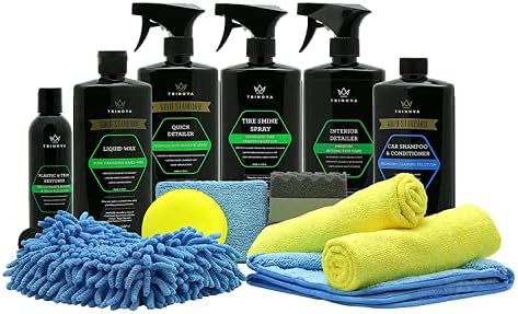 Car Wash Kit Complete Detailing Supplies for Cleaning. Soap, Wax, Tire Shine, Trim Restorer, Wash Mitt, Applicator, Microfiber Towel, Best Value to care for truck. TriNova.