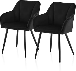 TUKAILAi Velvet Dining Chairs Set of 2 with Arm, Kitchen Leisure Chair with Upholstered Seat, Backrest and Metal Legs, Lounge Reception Chairs for Dining Room Living Room Black