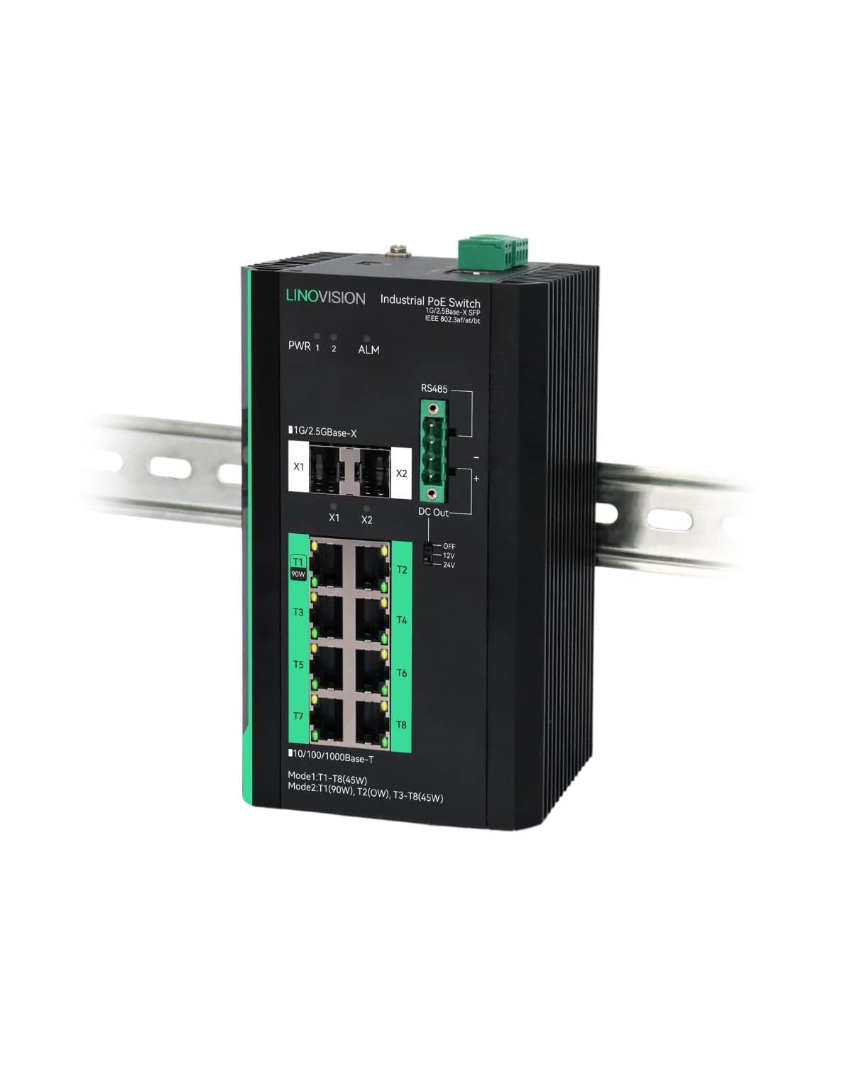 LINOVISION Industrial 8 Ports Gigabit Managed PoE Switch with DC12~57V Input, L2 Management, RS485 Serial Port, DC 12/24V Output, BT 90W Output