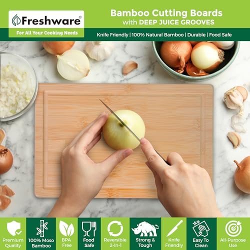 Freshware Bamboo Cutting Board Set of 3 with Juice Grooves