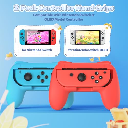 FASTSNAIL Grips Compatible with Nintendo Switch JoyCon&Switch OLED Model, Wear-resistant Handle Kit Gamepad Replacement for Nintendo Switch Joy Cons &Switch OLED Model for Controller(Red&Blue)