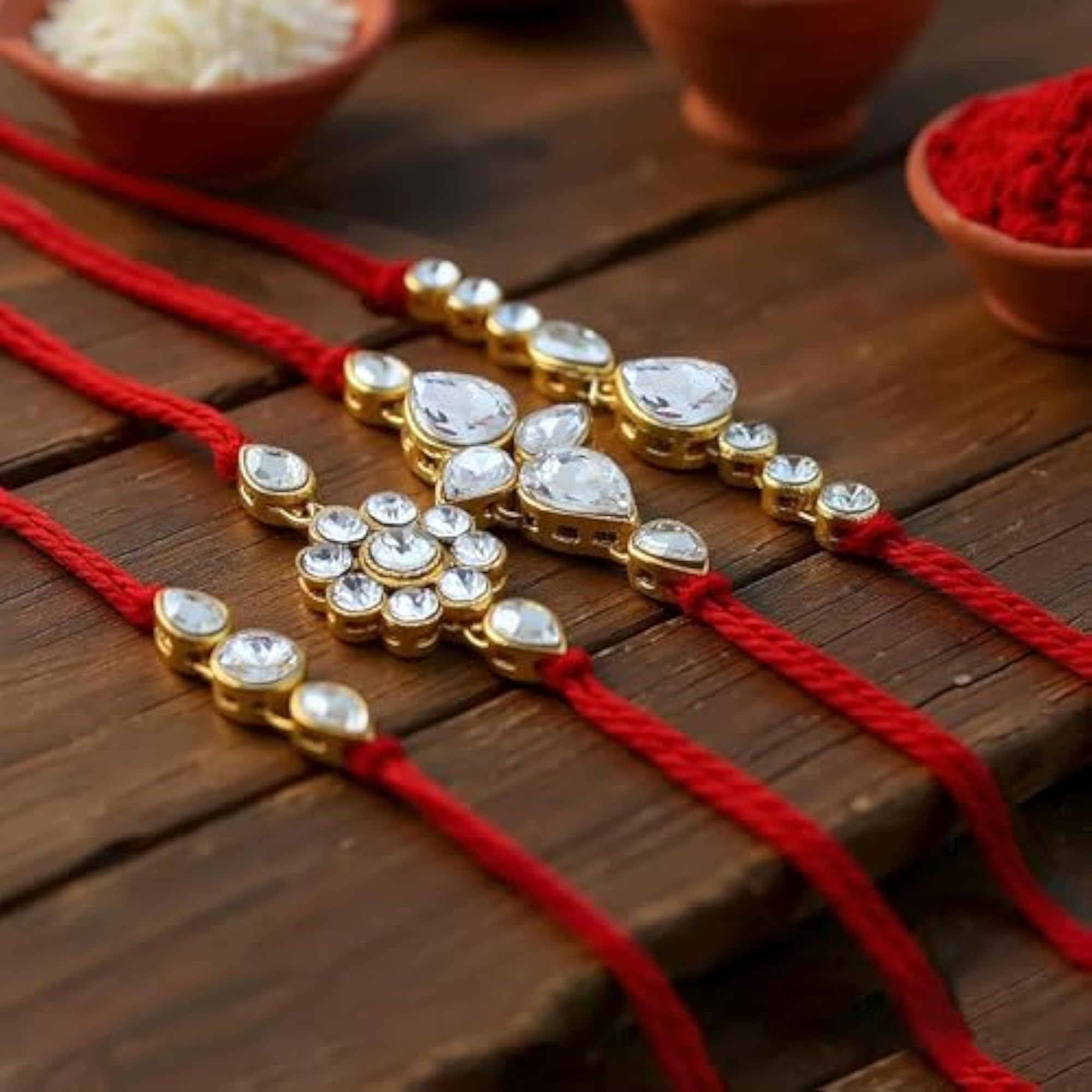 Fancy Traditional Plated Red Thread Stone Rakhi Pack of 4