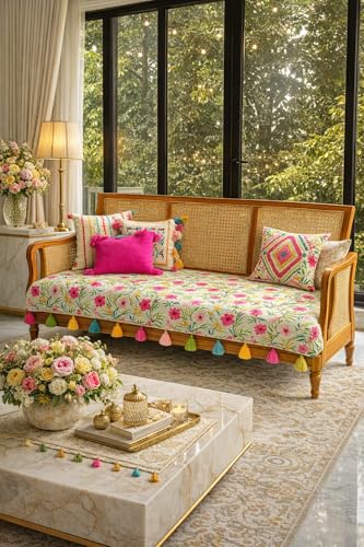 Image of WWW.THROWPILLOW.IN Neutral Tropical Floral Sofa Cover Tassels: Designer Premium Sofa Cover: Durable Sofa Throw, Wrinkle Free: Seat & Front Back Protection -Set of 3 Covers- Fits: 2+2+1 Seater