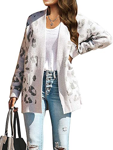 ZESICA Women s Long Sleeves Open Front Leopard Print Knitted Sweater Cardigan Coat Outwear,A White,X-Large