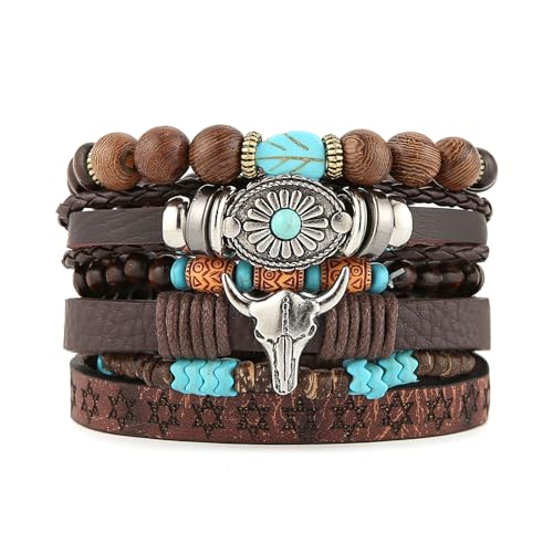 HZMAN Handmade Braided Leather Bracelet for Men Women Adjustable Bohemian Ethnic Tribal Multilayer Wooden Beaded Hemp Rope Wristbands Wrap Cuff Bracelet
