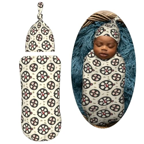 Image of Movie Reel Theme Newborn Swaddle Blankets Hat Sets Soft Baby Receiving Blanket Swaddle Sack for Baby Shower Infant Boy Girl Gift
