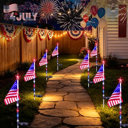 Solar American Flag Lights Outdoor 8 Pack Patriotic Lights Red White Blue