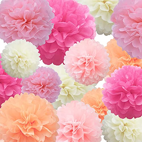 Lot de 22 pompons en papier de soie - Rose, rose clair, rose vif, ivoire, pêche clair - Boule de fleurs en papier pour anniversaire, enterrement de vie de...