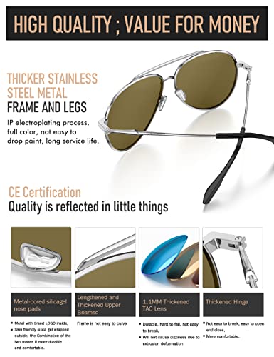 LUENX Aviator Sunglasses for Men Women Polarized - UV 400 Protection Blue Mirrored Lens Metal Frame with Accessories