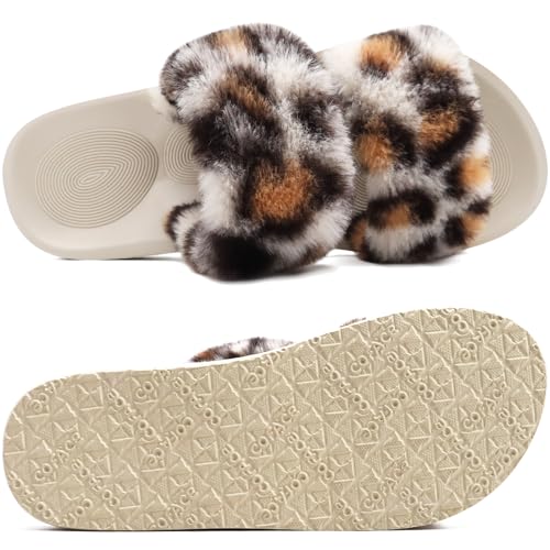 Image of COFACE Fuzzy Slippers for Women Open Toe Orthopedic Slippers Arch Support Fax Fur Slides Plantar Fasciitis Woman House Slippers Indoor