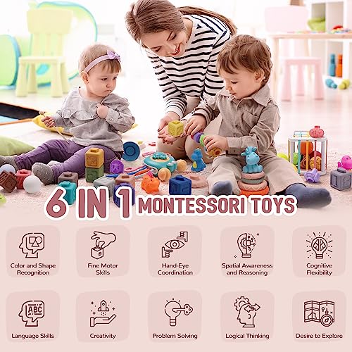 Adfo 6 In 1 Baby Toys 6To12-18 Months, Include Pull String Baby Teething Toys, Soft Stacking Blocks & Rings, Sensory Shapes, Colorful Storage Bin, Montessori Toys For 1-3 Year Old Boys Girls Gifts #TOP1