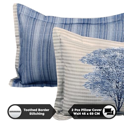 Image of Story@Home Bedsheet for King Size Bed Fine Cotton Luxurious Soft Comfort Tree Pattern King Size Bedsheet & 2 Pillow Covers - (270 X 270 Cm) Blue & Cream | Perfect for Diwali Gifting-260 TC