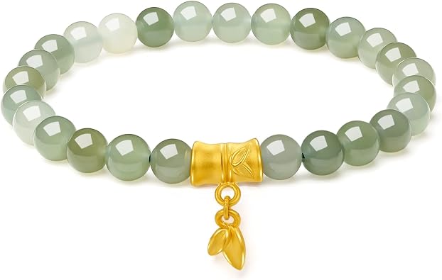 ZHOU LIU FU 24K Gold Bracelet Jade Beaded Bracelets Bamboo Bangle Stretch Natural Green Healing Beads Good Lucky Charm Jewelry Gifts