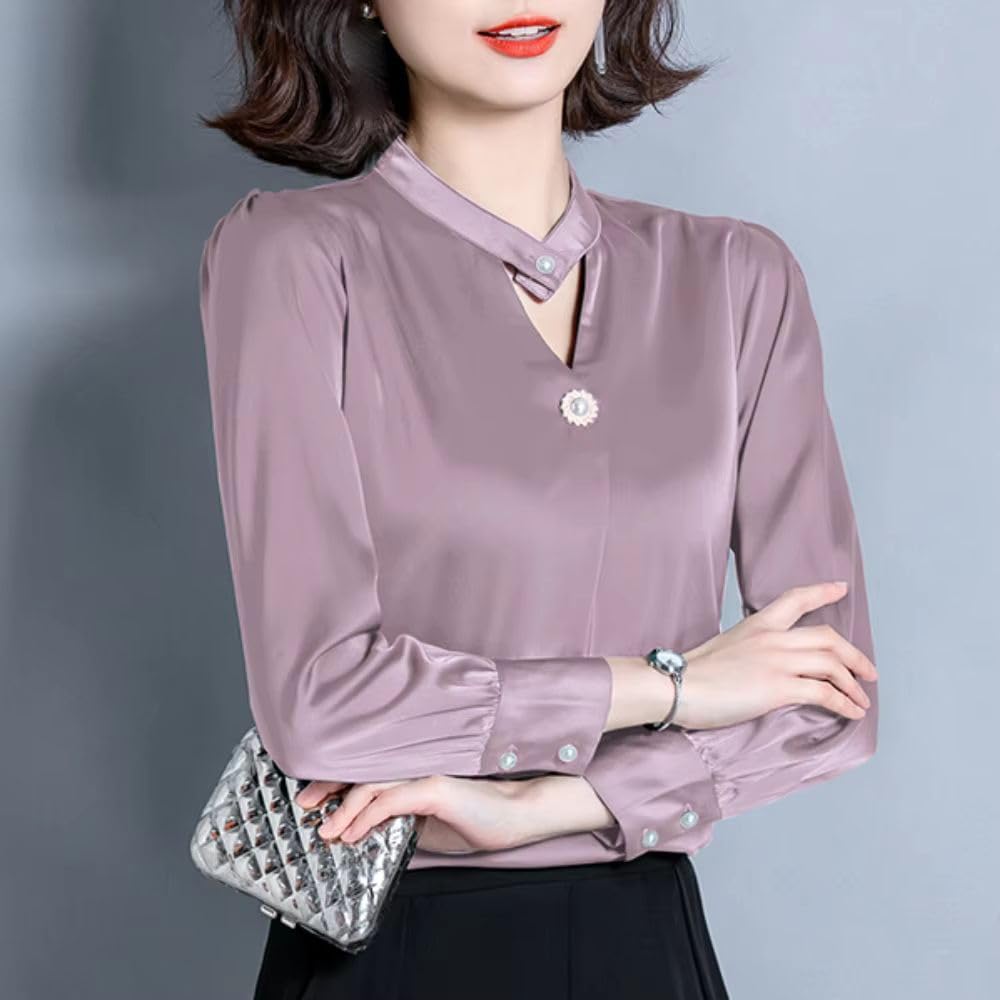 Blusa de satén de manga larga para mujer, para oficina, formal, ropa de negocios vintage