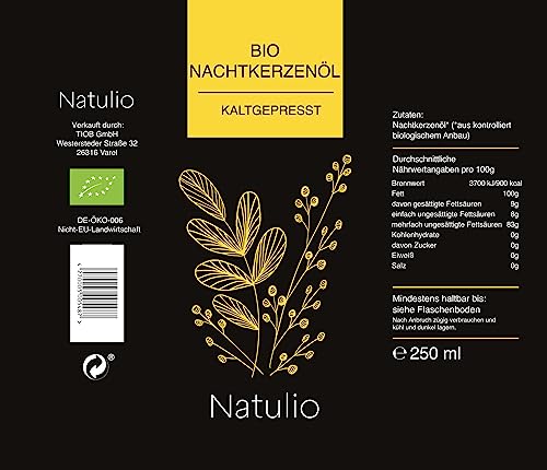 Foto von Natulio Nachtkerzenöl Bio kaltgepresst 250ml - zur Ernährung sowie zur Hautpflege geeignet - reich an Gammalinolensäure und Linolsäure- zertifiziert nach DE-ÖKO-006