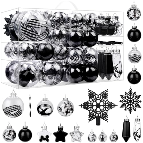 SHareconn 86PCS Christmas Tree Decorations Ornaments Ball Set, Non Breakable Plastic Clear Baubles for Xmas Tree Decor Holiday Wedding Party, Black