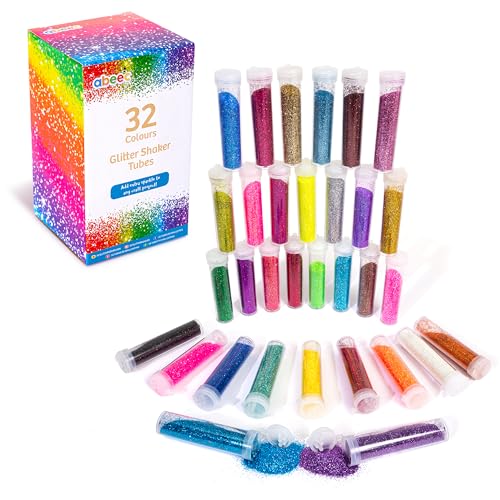 abeec Glitter Shaker Tubes - 32 Vibrant Colours | Fine Glitter for Arts & Crafts, DIY, Slime Kits & Scrapbooking | Mess-Free Easy Pour Tubes for Kids & Adults
