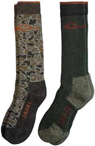 Drake Men’s 40% Merino Wool Thermal Insulated Full Cushion Winter Boot Socks 2 Pair (Camo Brown/Green, Men's Shoe Size 9-13 - Sock Size Large)