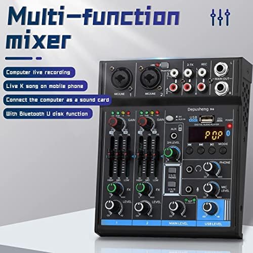 Professional Audio Mixer Sound Card Console Interface System 4 Channels USB Digital Bluetooth MP3 Computer Input 48V Phantom Power Stereo DJ Studio Streaming, Depusheng M4, Black