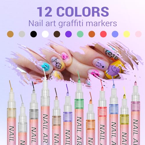 Image of 12 Color Nail Art Pens, 3D 0.7 MM Nail Polish Pens Set Drawing Painting Point Liner Acrylic Painted Pen Kit, Waterproof and Quick-drying Nail for DIY Nails Art Design Manicure Tools