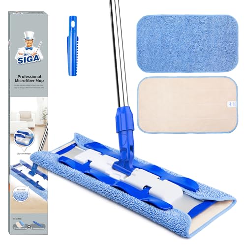 MR.SIGA Professional Microfibre floor Mop for Hardwood, Laminate, Tile Floor Cleaning, Stainless Steel Telescopic Handle - 3 Reusable Microfibre Cloths and 1 Dirt Removal Scrubber included