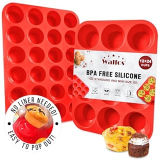 Walfos Silicone Muffin Pan Set - Regular 12 Cup & Mini 24 Cup - Non-Stick, BPA Free, Dishwasher Safe, Red