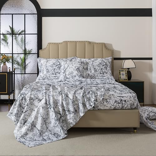 FADFAY Bird Sheets Set Queen 100% Egyptian Cotton Black and White Toile de Jouy Bedding Vintage Rose Floral Farmhouse Bedding Shabby Chinoiserie French Country Sheets Deep Pocket Soft Breathable 4Pcs by FADFAY - Used condition - Image 9
