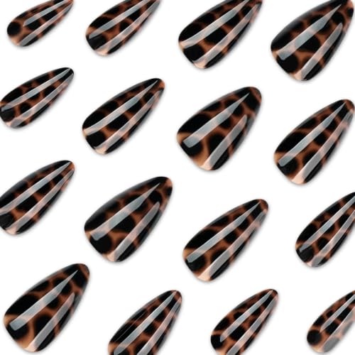 Image of Medium Almond Press on Nails Full Tortoise Shell Amber Fake Nails for Women