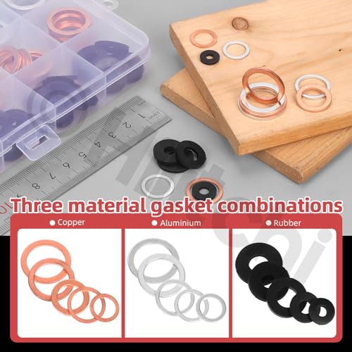 Image of Hilitchi 150Pcs Aluminum Copper Oil Drain Plug Gasket and Black Nylon Flat Washer Assortment Kit, M10 M12 M14 M16 M18 Oil Crush Washers Sealing Washers Rubber Grommet for Car Household Appliances