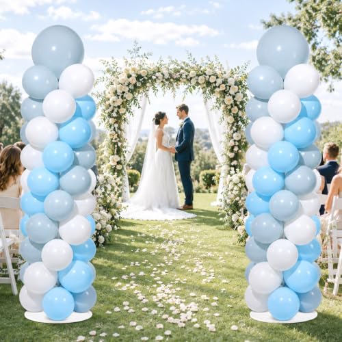 Image of 2 Sets Adjustable Balloon Column Stand Kit with Bases(Dusty Blue White) | Reusable Stainless Steel Poles, 102 Balloons with Pump, Floor Decor, Baby Shower Birthday Wedding Bridal shower Engagement