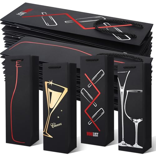 Ovveroche 20 Pack Wine Gift Bag with Handles, Reusable Wine Bottle Gift Bags for Liquor Champagne, Metallic Foil Designs for Christmas Thanksgiving Halloween Holiday Birthday Party