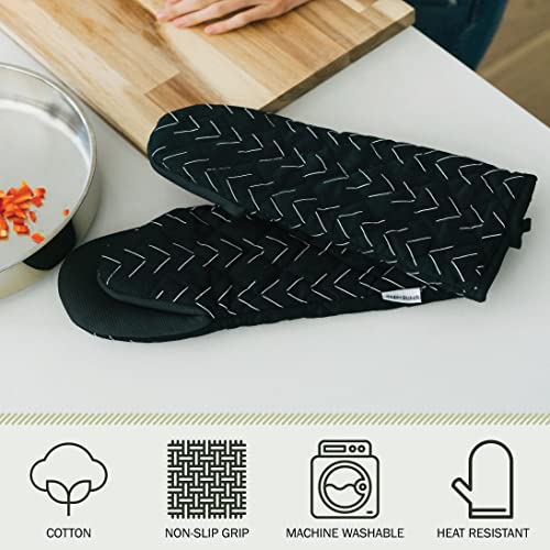 Sage+Stitch Heat Resistant Designer Kitchen Oven Mitts With Neoprene Non-Slip Grips And Hanging Loops | Set Of 2 100% Cotton Long Sleeve Kitchen Oven Mitts | 5.5" X 12" | Black #TOP2