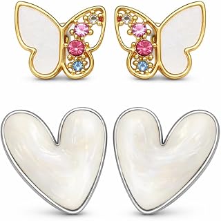 Shining Luxe Textured Heart Stud & Butterfly Stud Earrings Combo for Women | White Enamel with Silver Outline | Gold Plate... Price In India