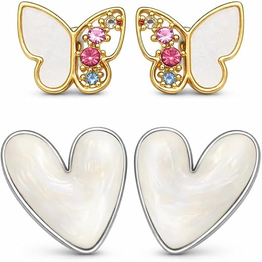 Shining Luxe Textured Heart Stud & Butterfly Stud Earrings Combo for Women | White Enamel with Silver Outline | Gold Plate...