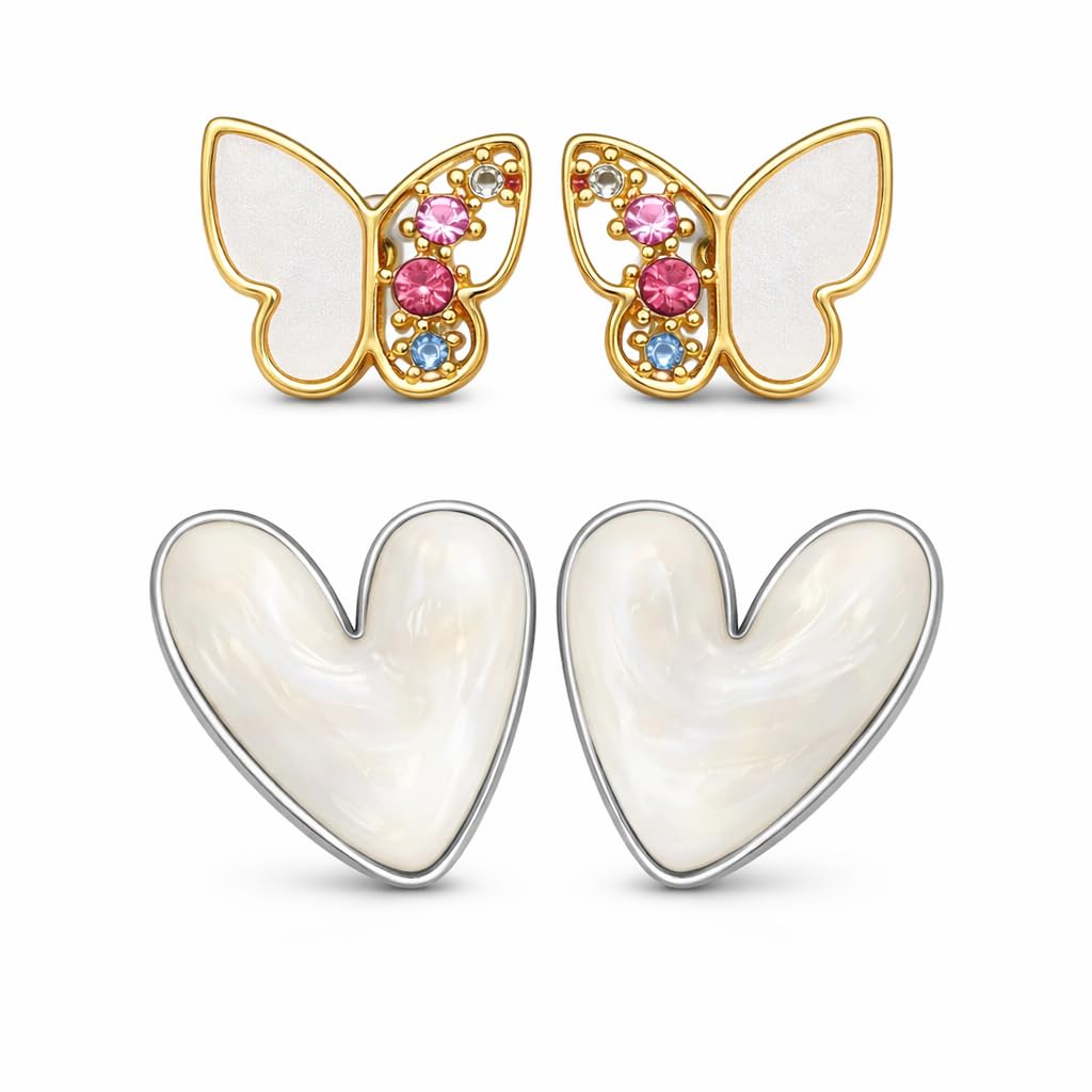 Shining Luxe Textured Heart Stud & Butterfly Stud Earrings Combo for Women | White Enamel with Silver Outline | Gold Plate... - Review, Price and Buying Guide
