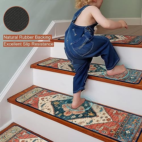 OJIA Extra Non-Slip Stair Treads for Wooden Steps Set of 15, 30"X8" Carpet Stair Mats Indoor Stair Runners Anti-Slip Stair Rugs Safety Mats for Dogs, Kids & Elders, Rubber Backing Step Treads