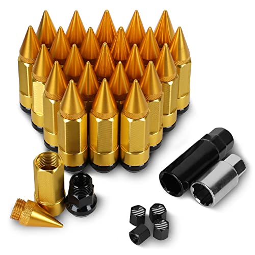 YeshineAuto M14x1.5 Anti Theft Wheel Spike Lug Nut 24 PCS Spiked Lug Nuts Spikes Lug Nuts with 2 PCS Socket Keys (Gold)
