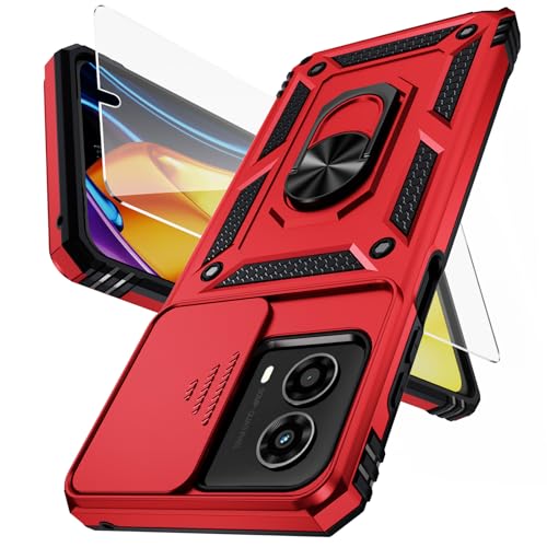 Weycolor for Moto G 5G 2024 Case with Camera Lens Cover HD Screen Protector, 10 FT Military Grade Drop Protection, Magnetic Ring Holder Kickstand Protective Phone Case, Red