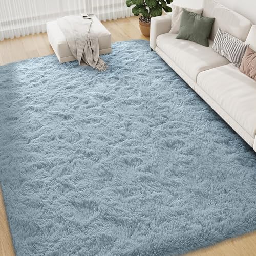 FVVRAX 140x200cm Ultra-Plush Duck Egg Blue Shaggy Rugs for Living Room & Bedroom – Machine Washable Luxury Carpet, Non-Slip Fluffy Floor Mat for Cosy Homes, Nursery & Dorm Decor