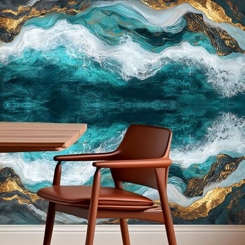 Image of Nuxovilar Teal Gold Marble Vein Wallpaper Peel Stick Vinyl 15.75x39.37