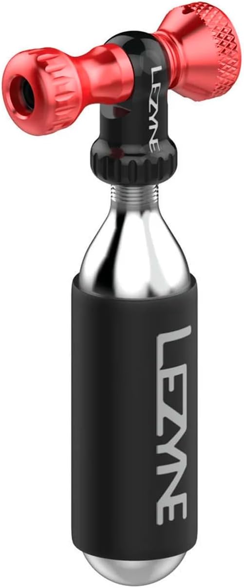 LEZYNE Control Drive CO2 Bike Tire Inflator - Presta & Schrader Compatible Aluminum CO2 Inflation Pump with Twist Control Valve - Fits Threaded Cartridges, Protective Neoprene Sleeve Included