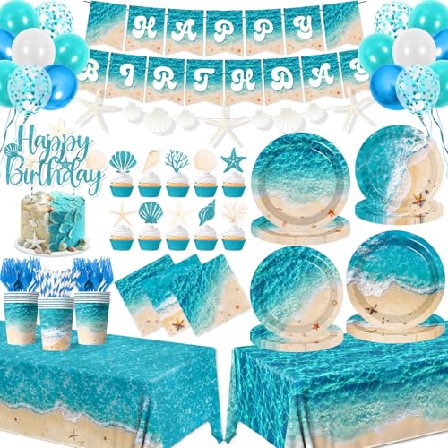 Beach Birthday Party Decorations 183Pcs Ocean Waves Birthday Party Decorations Summer Pool Hawaiian Beach Party Supplies Plates Napkins Cups Banner Tablecloth Balloons Cupcake Topper Serves 24