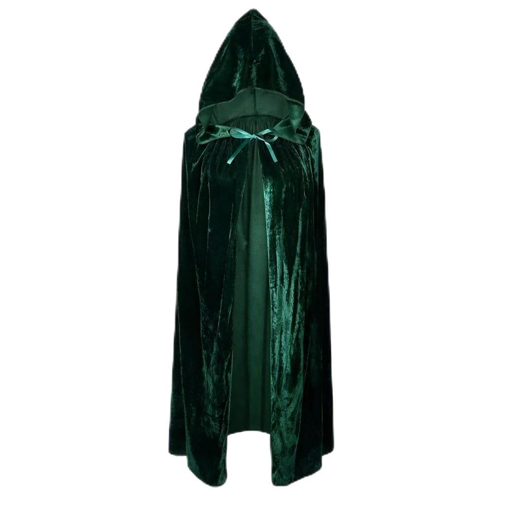 Green Cloak with Golden Velvet, 140cm Vampire Cape Unisex, Halloween Devil Cloak for Men & Women, Mystical Hooded Mantle for Cosplay, Parties, Stage Performances & Festivals