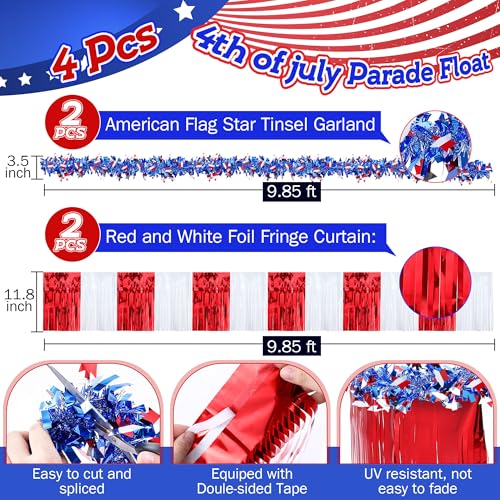 Image of Meonum 4 Pcs 4th of July Parade Float Decorations, American Flag Float Fringes and Patriotic Tinsel Garlands, Red White Blue Garland for Independence Day Memorial Day Decoration (Star)