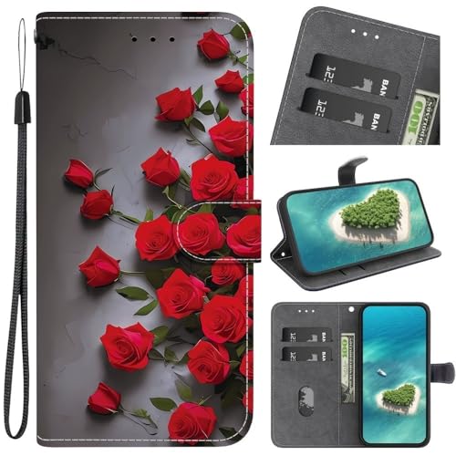 Étui portefeuille à rabat en cuir à motif rose rouge Samsung S24 Ultra