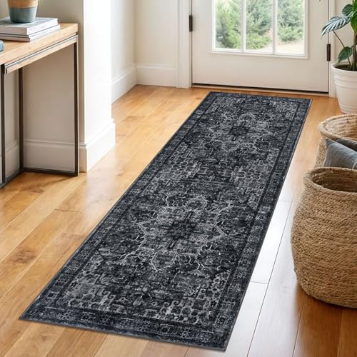 SIILOOM 2x6 Runner for Hallways, Black White Non-Slip Printed Washable