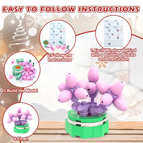 Adventskalender 2025 Blumen Bausteinen für Kinder –Weihnachtskalender mit 24 STEM Verschiedenen Blumen Sukkulente Zimmerdeko und Geschenkidee Kreatives Bauspielzeug für Jungen & Mädchen