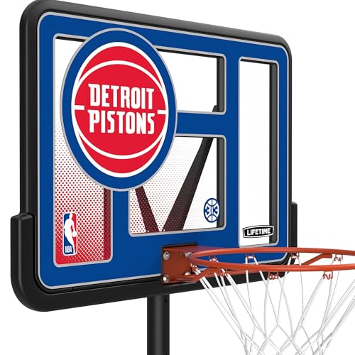 Image of Lifetime NBA Detroit Pistons Portable Basketball Hoop, Adjustable Height 7.5-10 Ft, 44 Inch Shatterproof Fusion Backboard, Base with Wheels