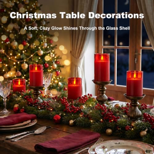 Image of Amagic Christmas Glass Flameless Candles with Remote, Real Wax Pillar Candles Batter Operated with Timer, Red LED Fake Candle for Thanksgiving Decor, Set of 3, D3 xH4 5 inch 6 inch